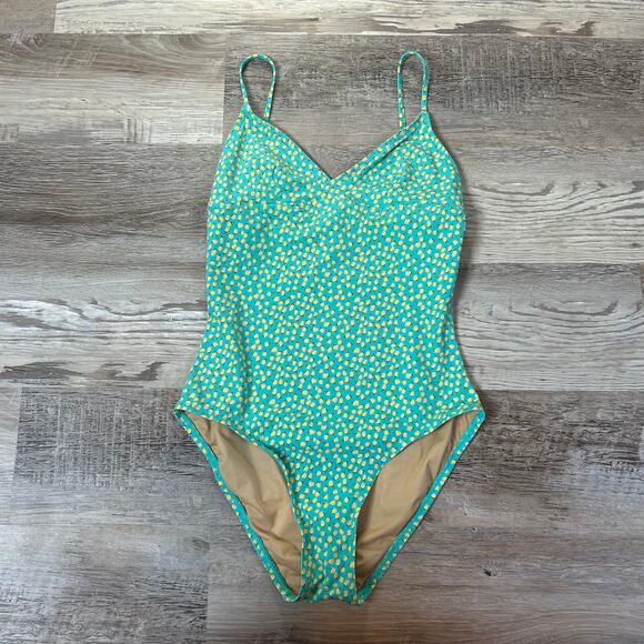 J.Crew One Piece Swimsuit Turquoise Yellow Lemon Print Retro Size 4 - Picture 1 of 8